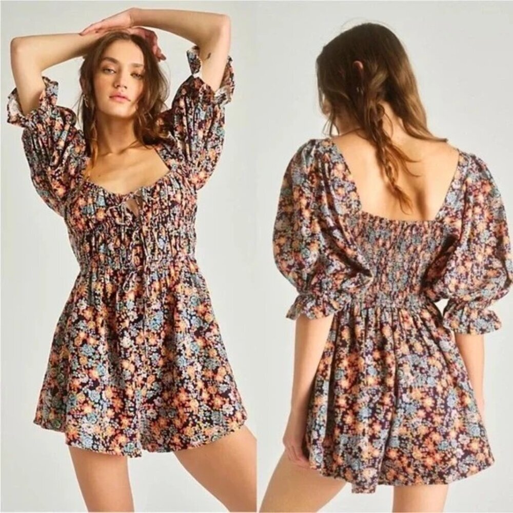 FREE PEOPLE SZ S Show Me Love Romper Floral Linen Blend Navy Combo Multi color